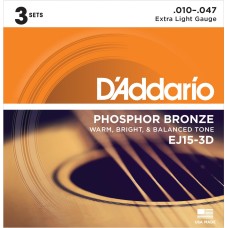 DADDARIO EJ15-3D AKUSTİK GİTAR TEL SETİ, 3'LÜ PAKET, 10-47, PHOSPHOR BRONZE, EXTRA LIGHT DADDARIO EJ15-3D AKUSTİK GİTAR TEL SETİ, 3'LÜ PAKET, 10-47, PHOSPHOR BRONZE, EXTRA LIGHT